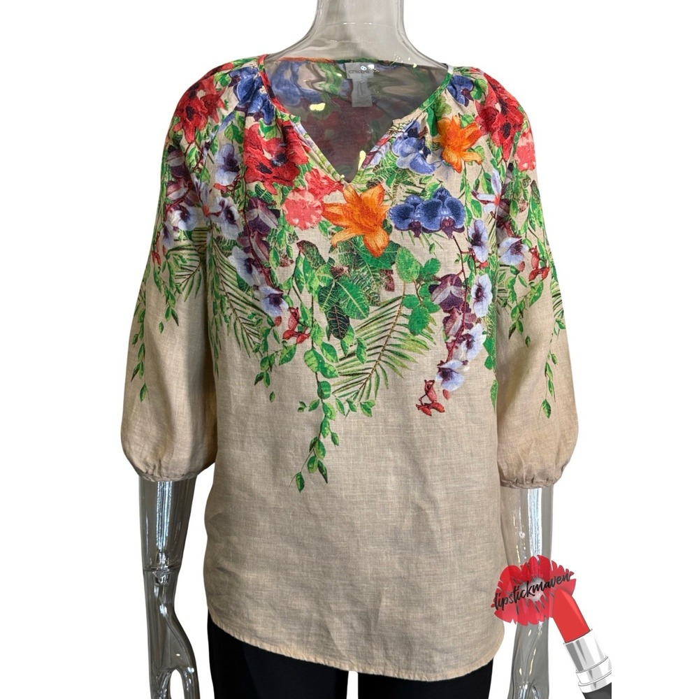 Chico's Blouse Womens 2P (Size 12) Tan Floral 100% Linen Boho Laggenlook Coastal